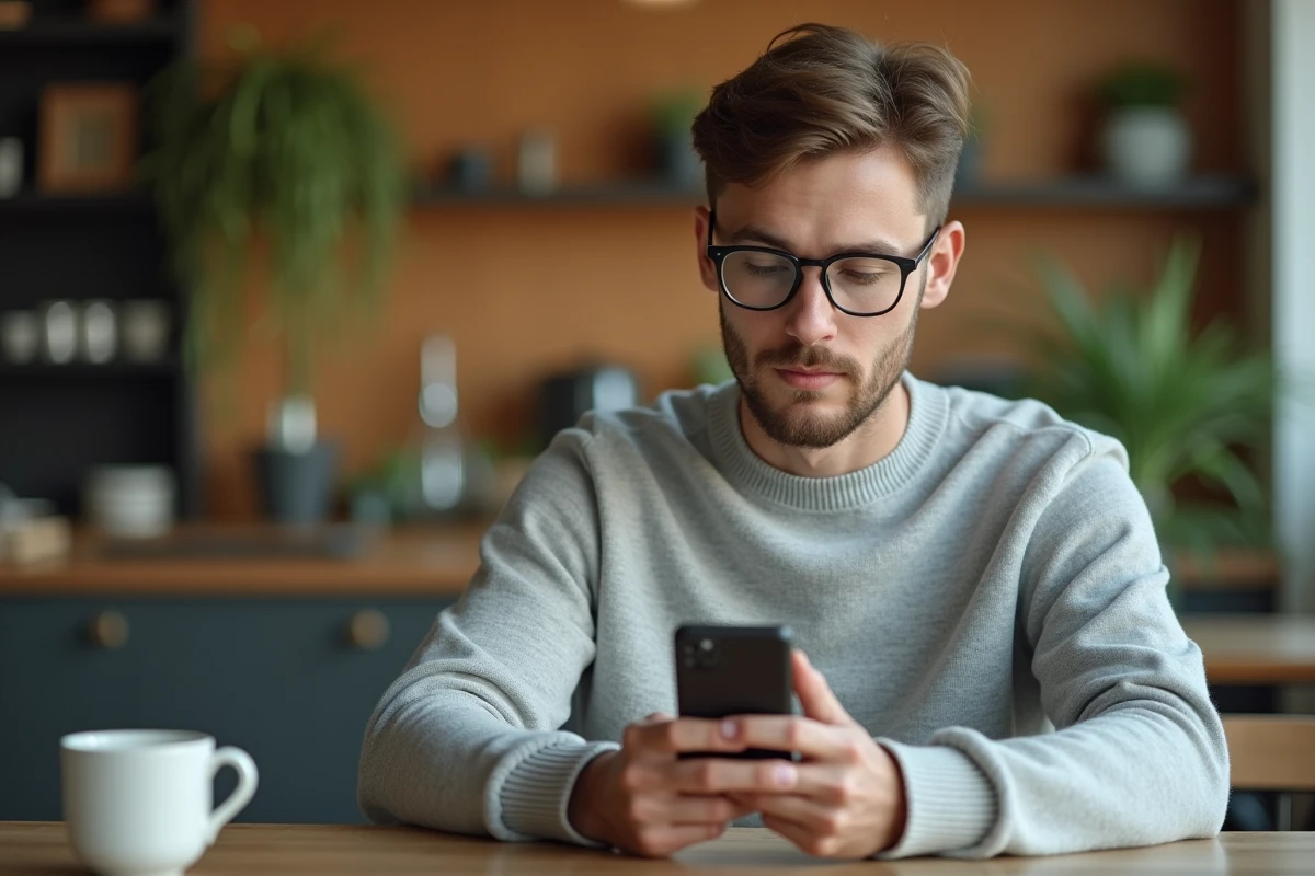 Employé accédant à ses droits sur le coffre numérique Arkevia depuis son smartphone dans un espace détente d'entreprise