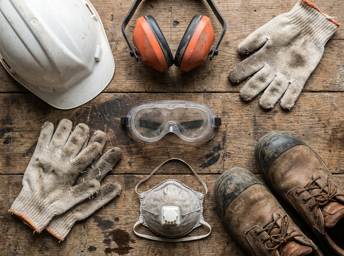 Vue aérienne d'un ensemble d'équipements de protection individuelle disposés sur un établi en bois, comprenant casque, protège-oreilles, gants, lunettes, masque et chaussures de sécurité