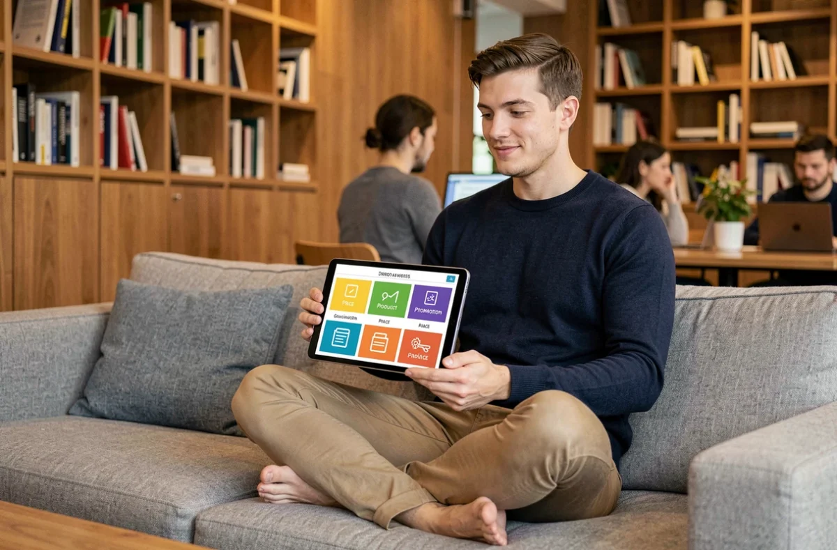 Entrepreneur consultant les 4 P du marketing digital sur une tablette dans un espace de co-working moderne