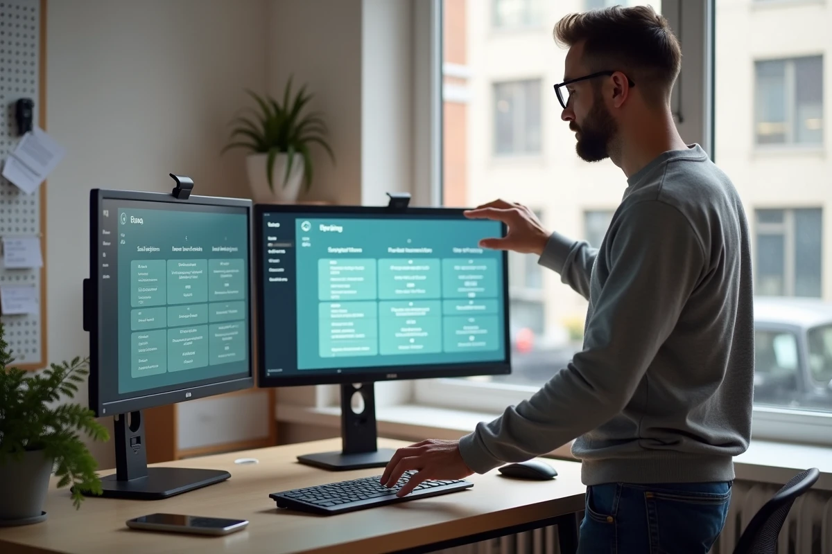 Jeune entrepreneur comparant des plans tarifaires d'abonnement SaaS pour outils IA dans un bureau à domicile avec double écran