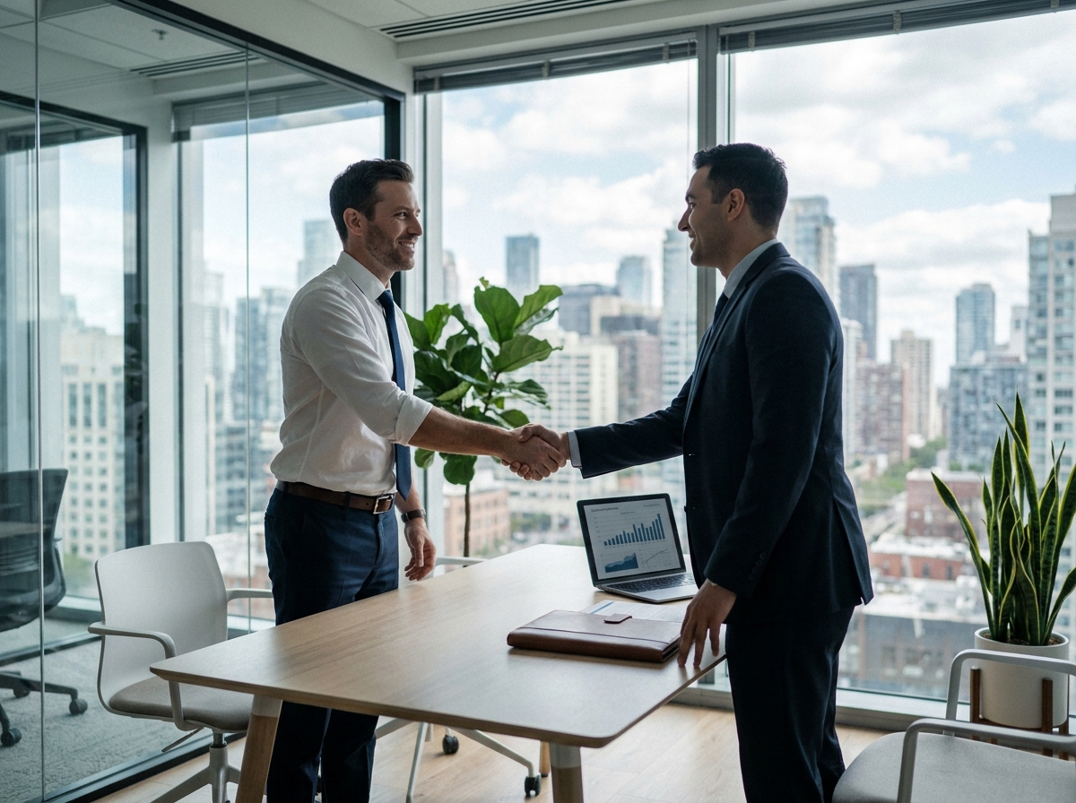 Entrepreneur signant un contrat d'assurance professionnelle avec un conseiller en salle de réunion