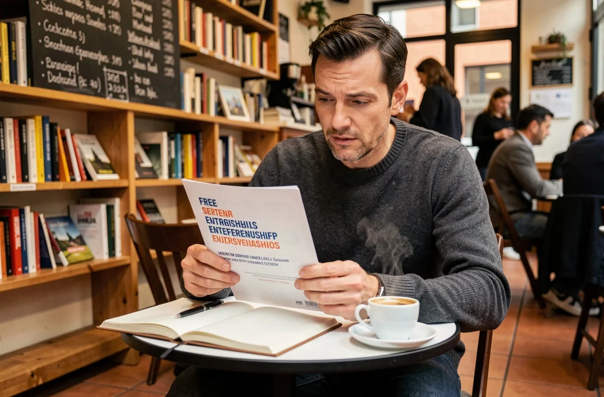 Entrepreneur lisant une annonce d'événement gratuit pour entreprises dans un café urbain