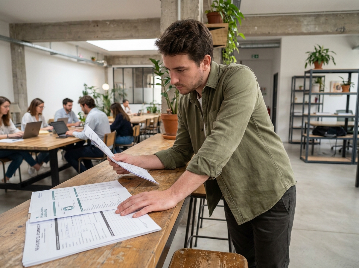 Jeune entrepreneur analysant des documents comptables avant de choisir un cabinet à Paris