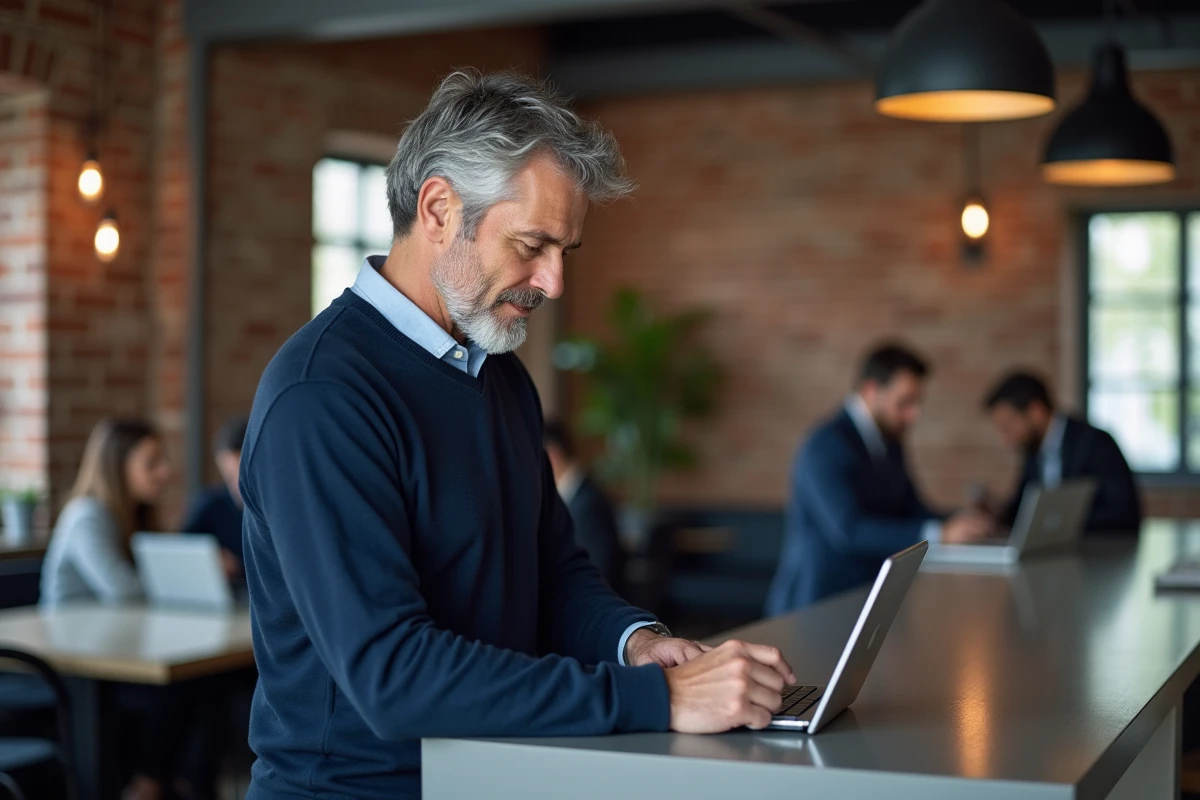 Entrepreneur consultant les données d'une entreprise sur tablette dans un espace de coworking