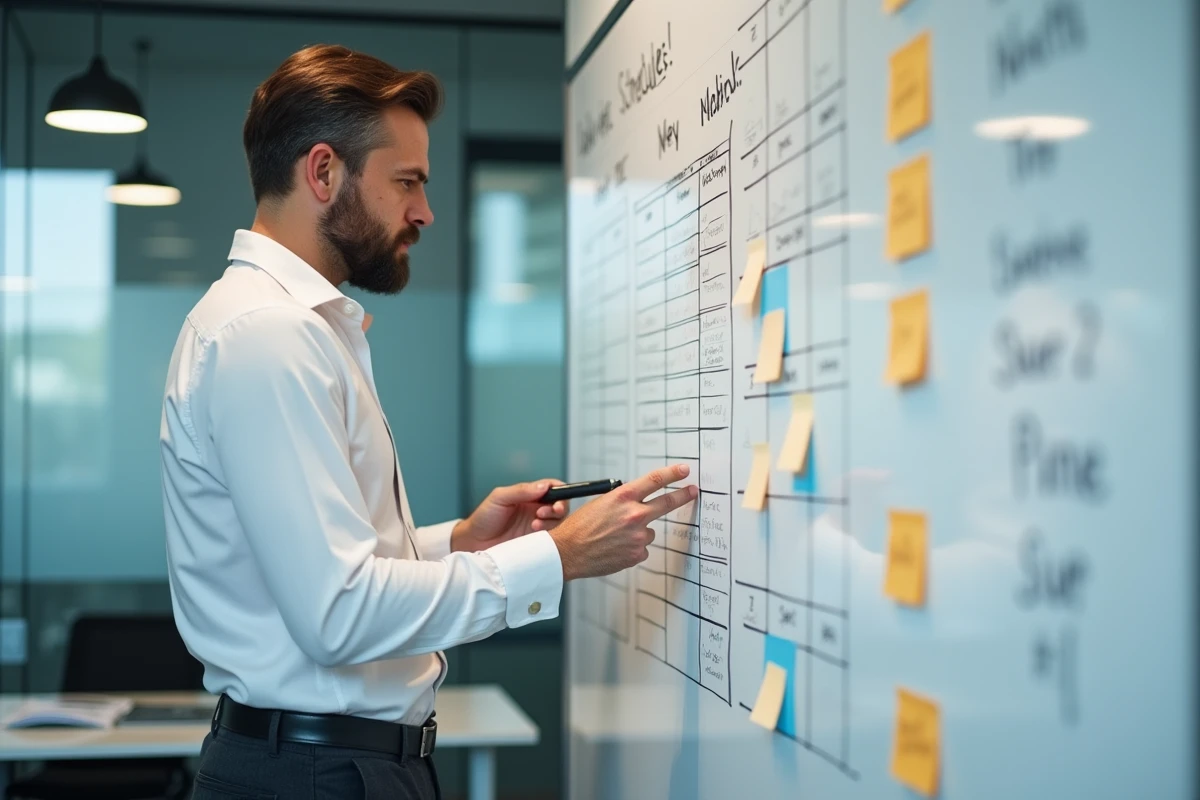 Entrepreneur indépendant analysant son tableau de planification des jours ouvrés pour l'année 2026