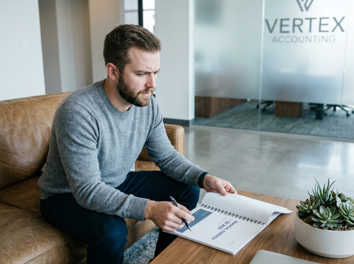 Jeune entrepreneur lisant un rapport comptable dans la salle d'attente d'un cabinet d'expertise comptable