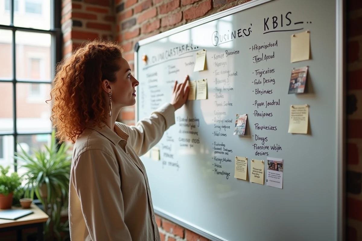 Jeune entrepreneuse analysant les catégories d'activités commerciales sur un tableau blanc pour éviter un refus d'immatriculation de son projet