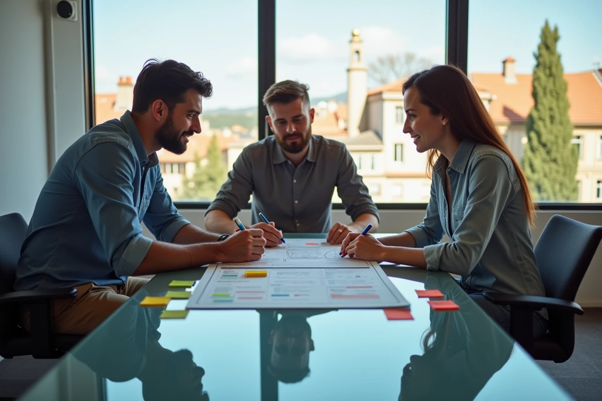 Équipe d'une agence digitale à Montpellier en réunion stratégique autour d'un plan d'actions priorisé pour un client
