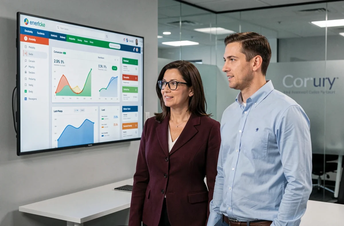 Équipe d'une agence web présentant les résultats d'un site internet optimisé pour la génération de leads clients