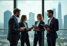 Groupe de professionnels en réunion avec skyline en arrière-plan