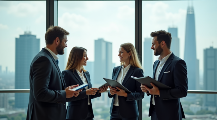 Métiers bien payés aux USA : comparaison et perspectives salariales 2025 Groupe de professionnels en réunion avec skyline en arrière-plan