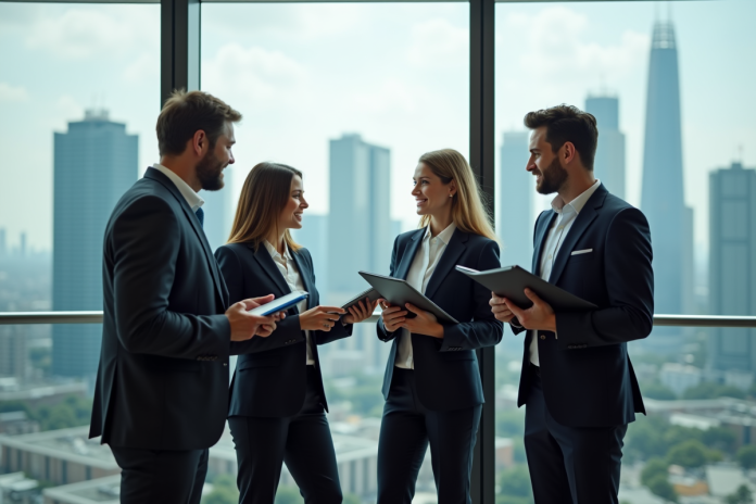 Groupe de professionnels en réunion avec skyline en arrière-plan