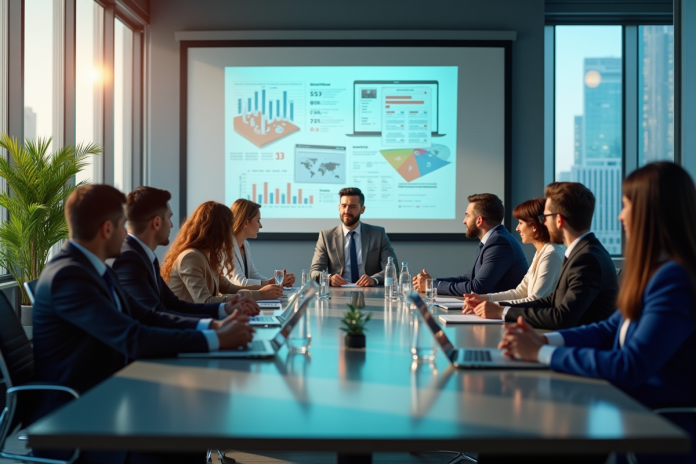 equipe-collaborative-bureau Groupe de professionnels collaborant dans un bureau lumineux