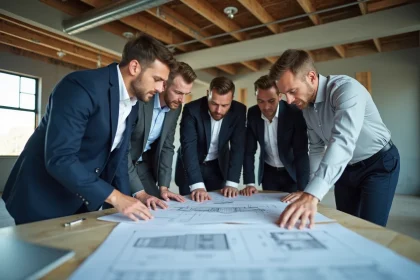 Groupe de professionnels examinant des plans dans un chantier Lille