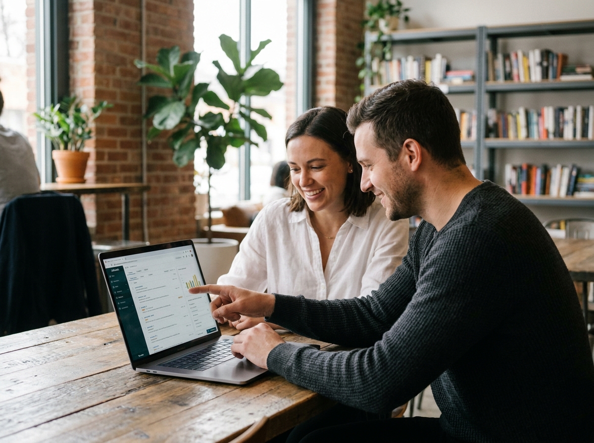 Deux collègues consultant ensemble une plateforme centralisée de gestion des tickets SAV sur un ordinateur portable dans un espace de travail collaboratif