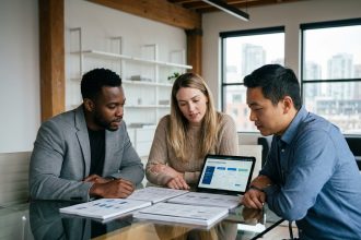 Groupe diversifié d'adultes analysant des diagrammes dans un bureau moderne