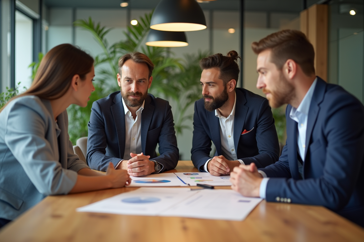 Groupe de professionnels autour d'une table en réunion économie circulaire