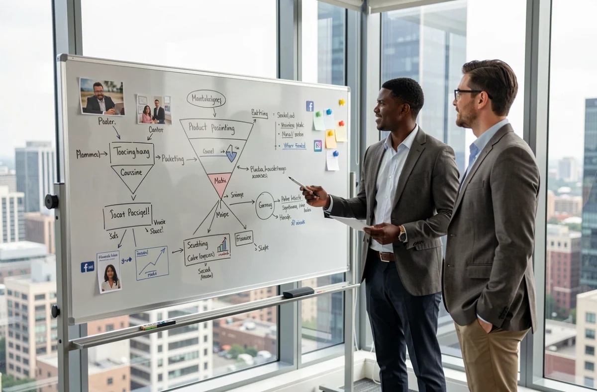 Équipe marketing collaborant autour d'un tableau blanc avec des schémas des 4 P adaptés au marketing digital et aux réseaux sociaux
