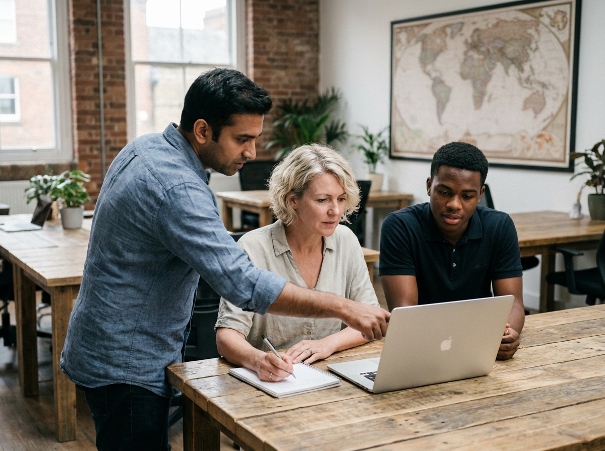 Équipe multiculturelle collaborant sur un projet international dans un espace de coworking