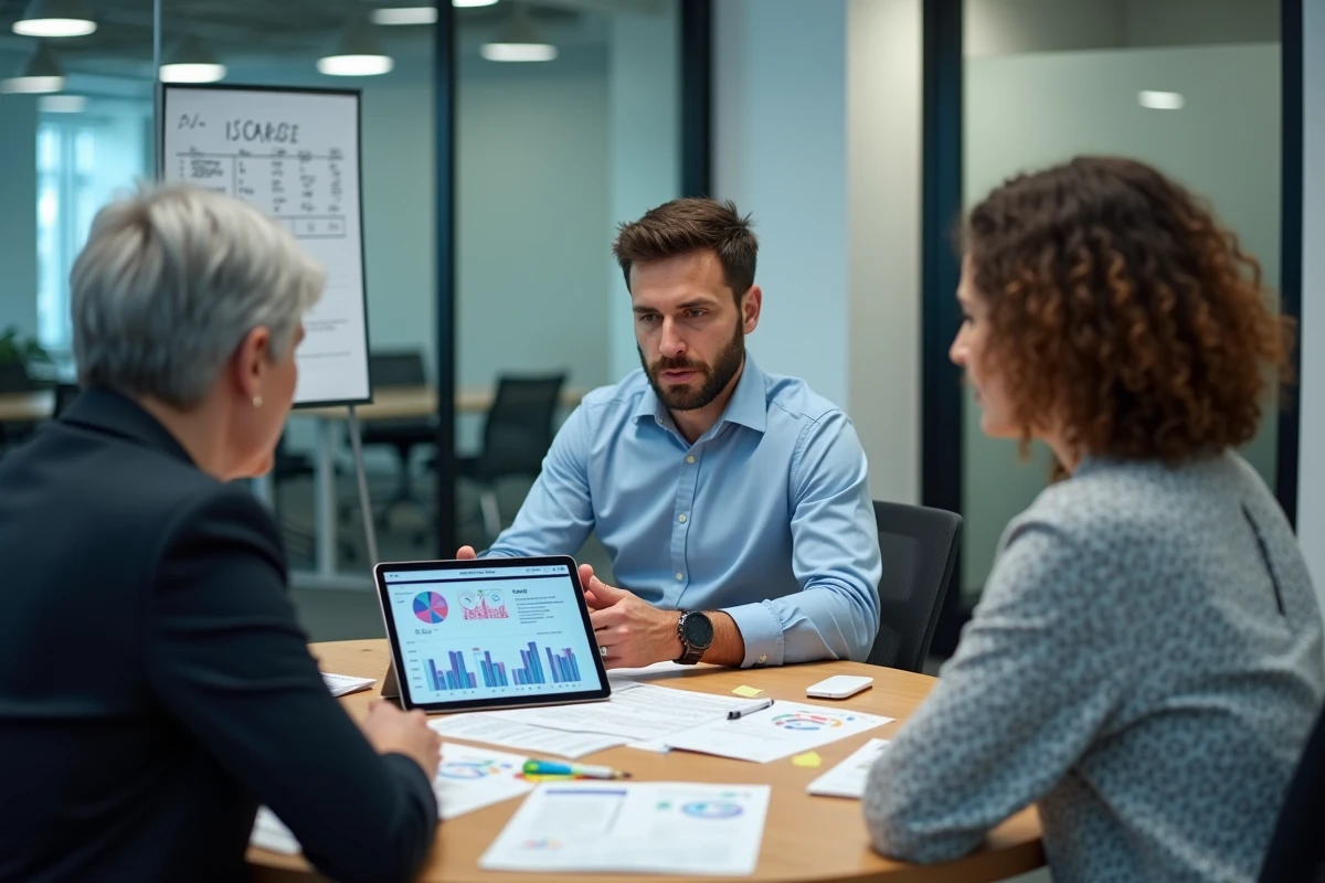 Équipe de petite entreprise analysant les tarifs d'abonnement d'outils IA marketing autour d'une table de réunion avec documents et tablette
