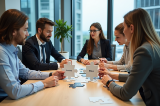 Groupe de professionnels discutant autour d un puzzle marketing