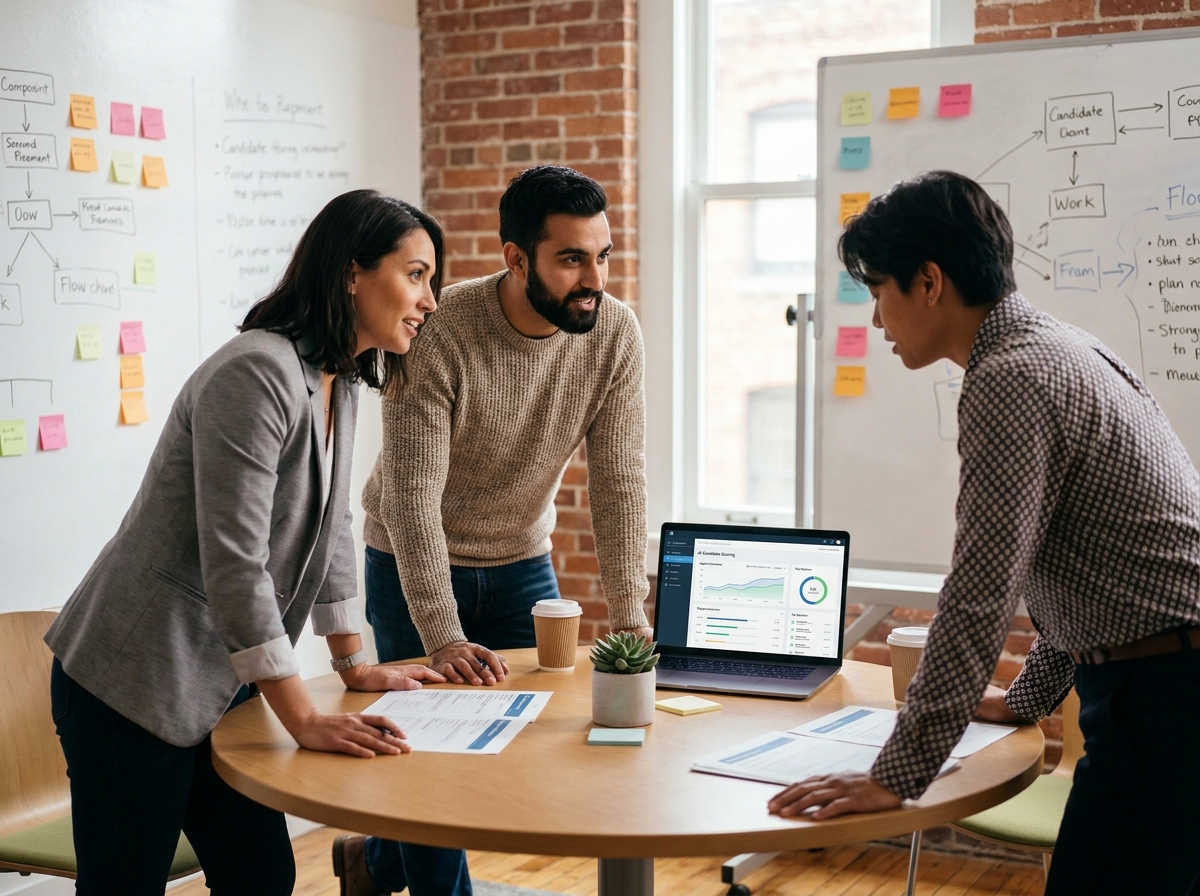Équipe de recrutement collaborant autour d'un outil de recrutement IA sur laptop lors d'une réunion en coworking