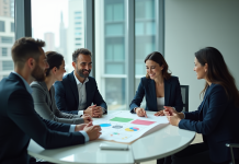 Produits émergents de la matrice du BCG : les 4 types à connaître ! Quatre professionnels discutent autour d'une matrice BCG en réunion