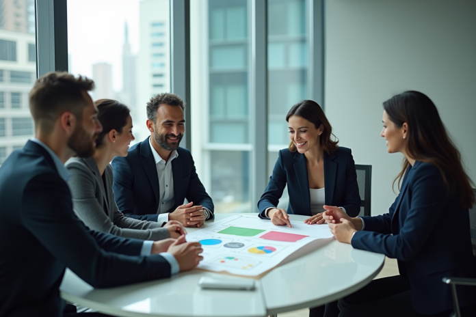 Quatre professionnels discutent autour d'une matrice BCG en réunion