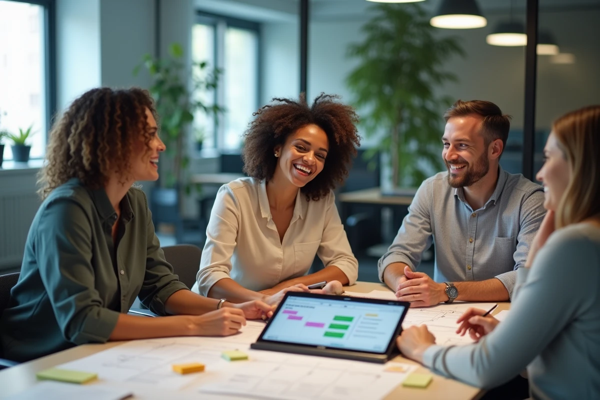 Équipe de trois professionnels réunis autour d'une table de réunion pour planifier un projet sur une application de gestion de projet étape par étape