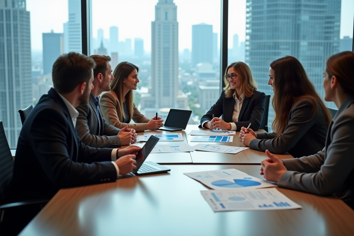 Groupe de professionnels discutant stratégie marketing en réunion