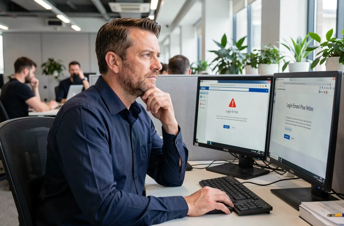 Homme en bureau professionnel confronté à un message d'erreur de connexion sur un compte en ligne type Arkevia