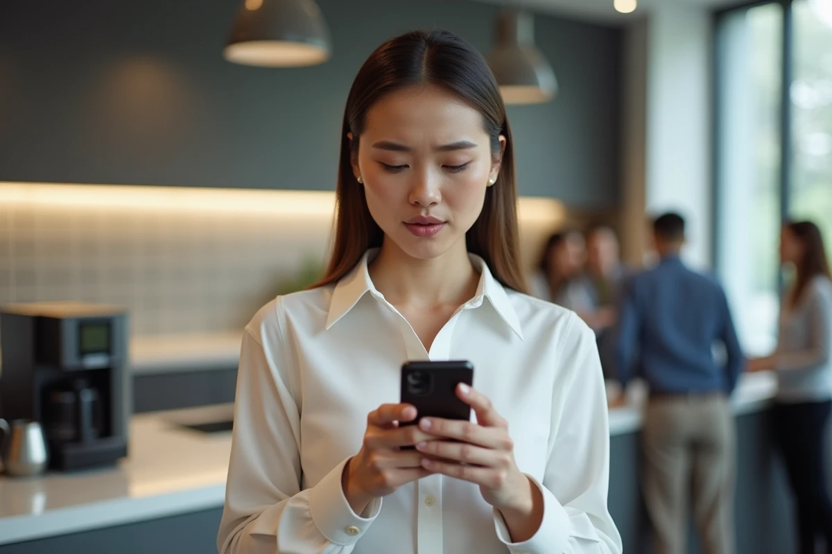 Jeune professionnelle consultant un message d'erreur de connexion mydocpeople sur son smartphone en salle de pause