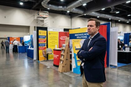 Designer professionnel observant un stand de salon avec des erreurs de conception visuelle comme des bannières disparates et un agencement encombré