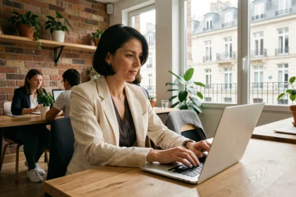 Femme professionnelle travaillant dans un espace de coworking moderne à Maisons-Laffitte avec vue sur la rue