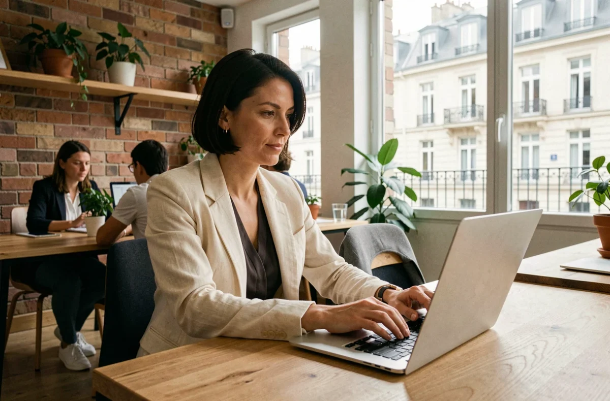 Femme professionnelle travaillant dans un espace de coworking moderne à Maisons-Laffitte avec vue sur la rue