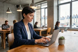 Femme travaillant dans un espace de coworking moderne à Saint-Nazaire avec vue sur le port
