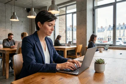 Femme travaillant dans un espace de coworking moderne à Saint-Nazaire avec vue sur le port