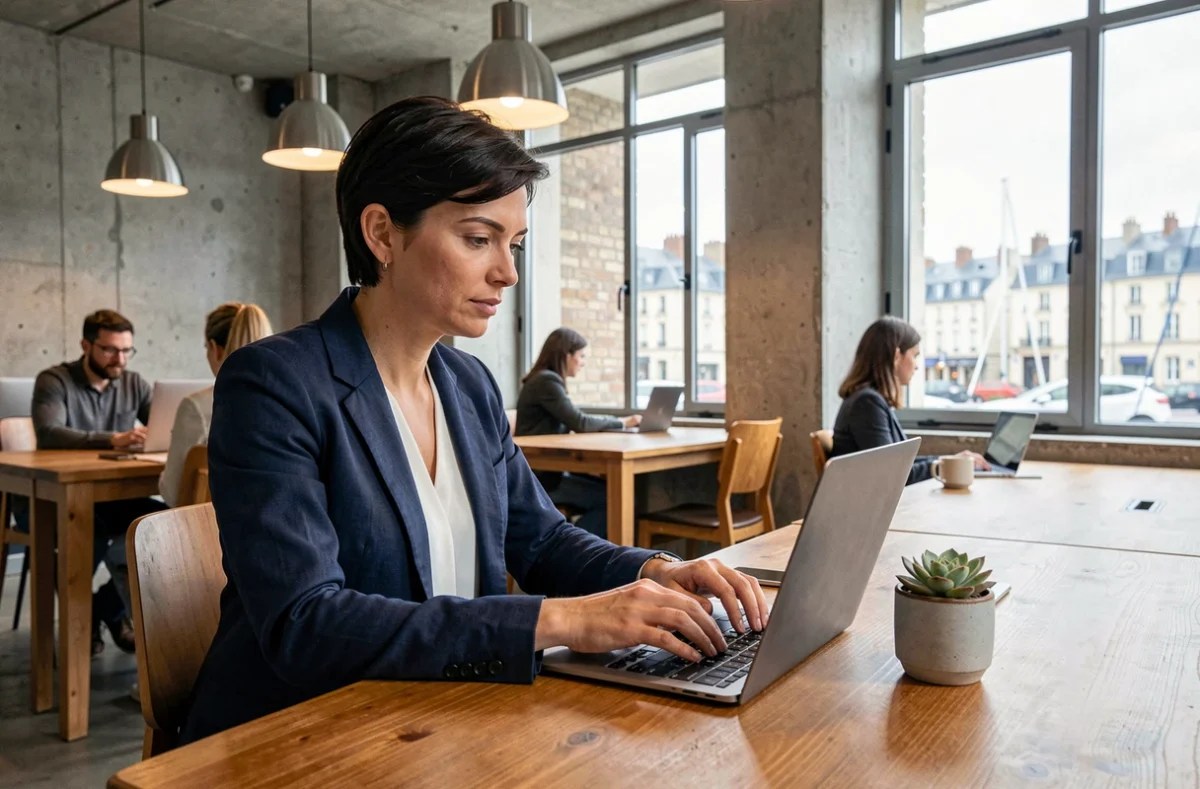 Femme travaillant dans un espace de coworking moderne à Saint-Nazaire avec vue sur le port