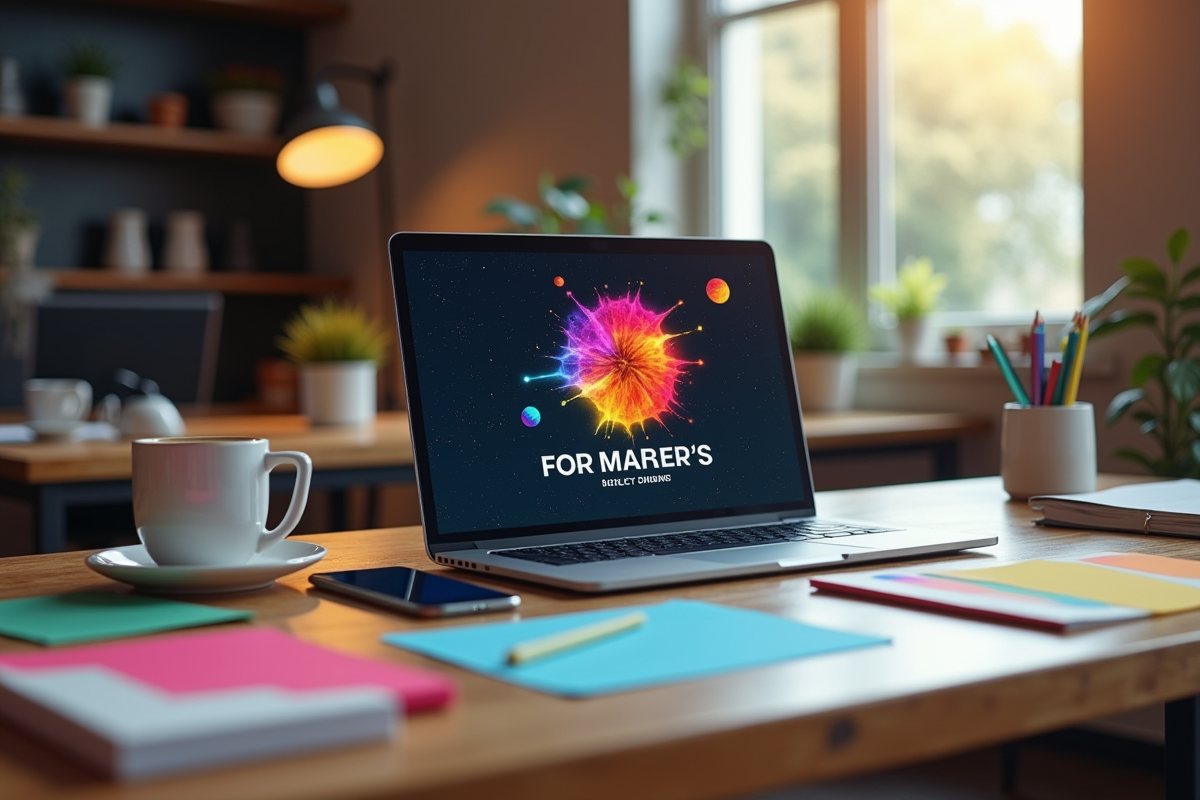Espace de travail créatif avec ordinateur et notes marketing