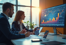 Espace de travail moderne avec professionnels et graphiques IA
