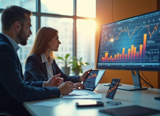 Intelligence artificielle : changements majeurs à venir pour demain Espace de travail moderne avec professionnels et graphiques IA