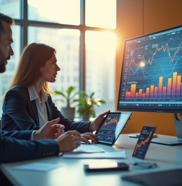 Intelligence artificielle : changements majeurs à venir pour demain Espace de travail moderne avec professionnels et graphiques IA