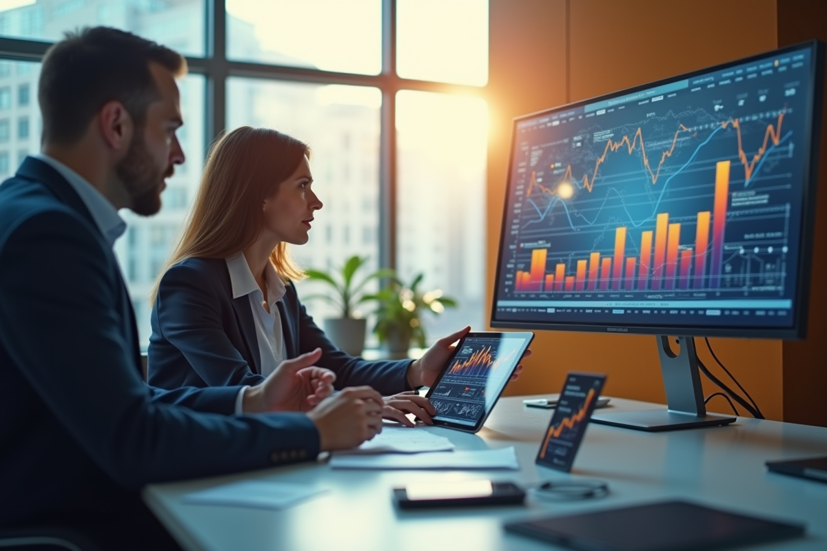 Espace de travail moderne avec professionnels et graphiques IA