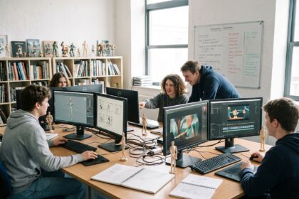 Groupe d'étudiants en animation dans un espace créatif