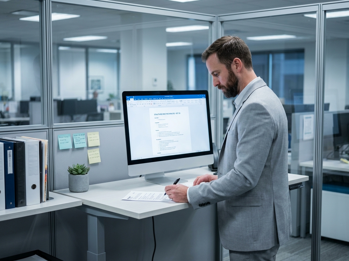 Expert en rédaction relisant un compte rendu de réunion professionnelle sur écran et version papier