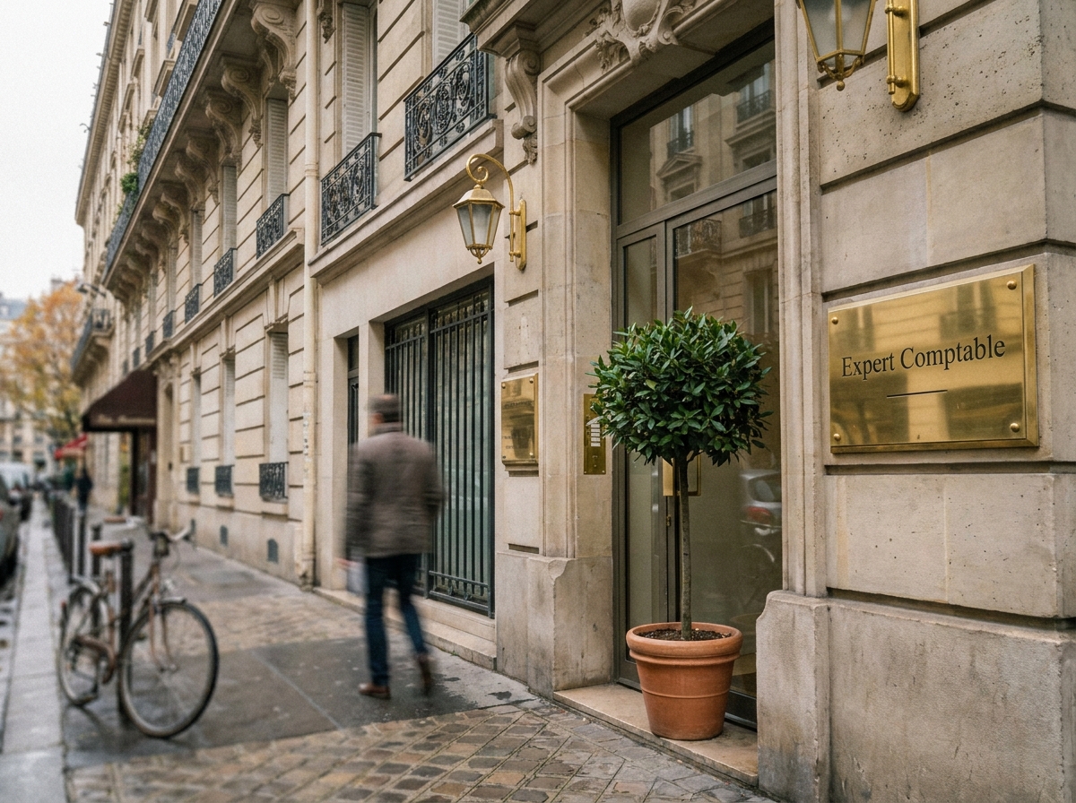 Façade d'un cabinet d'expert-comptable dans une rue parisienne avec architecture haussmannienne