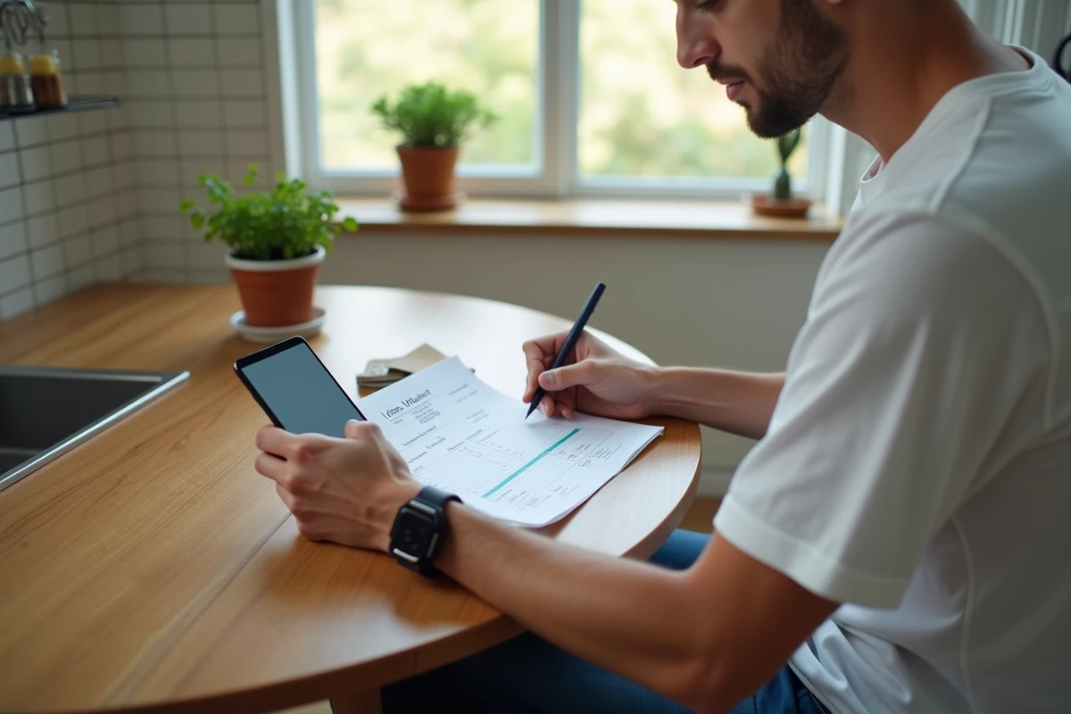 Jeune homme vérifiant une facture manuscrite à côté d'une application de paiement mobile sur smartphone