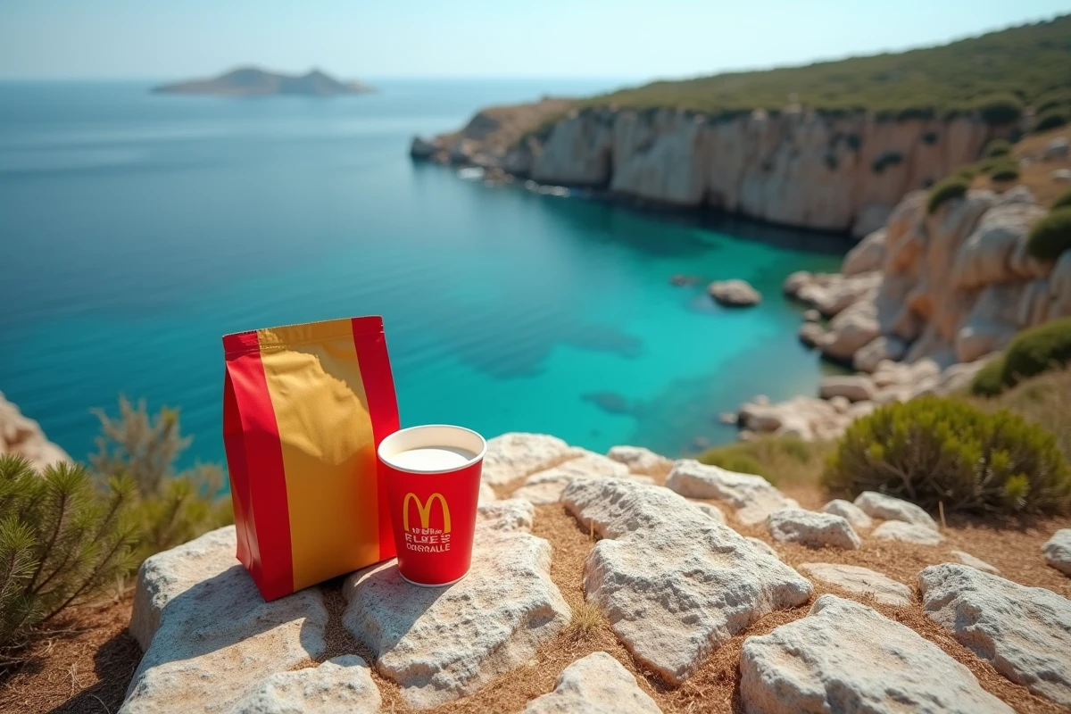 Sac de restauration rapide posé sur un rocher en Corse avec vue sur une crique méditerranéenne turquoise