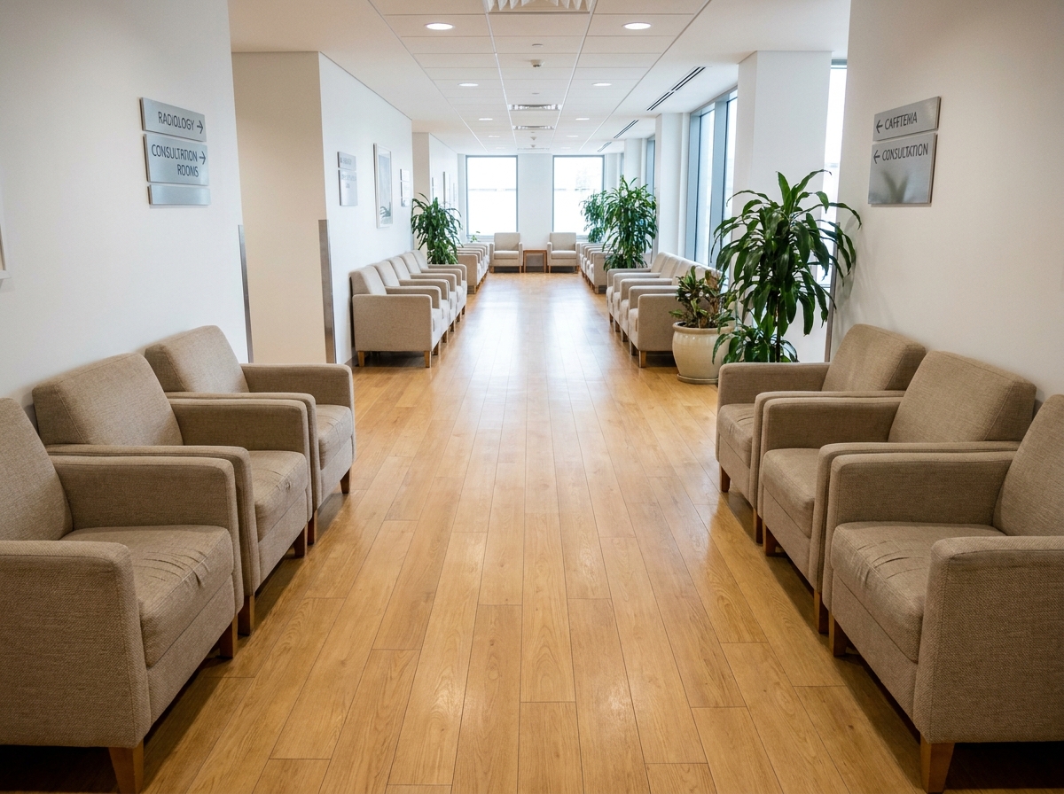 Fauteuils d'attente bien positionnés le long d'un couloir hospitalier pour faciliter la circulation des visiteurs