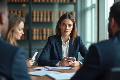 Femme d affaires en réunion activant un enregistreur vocal